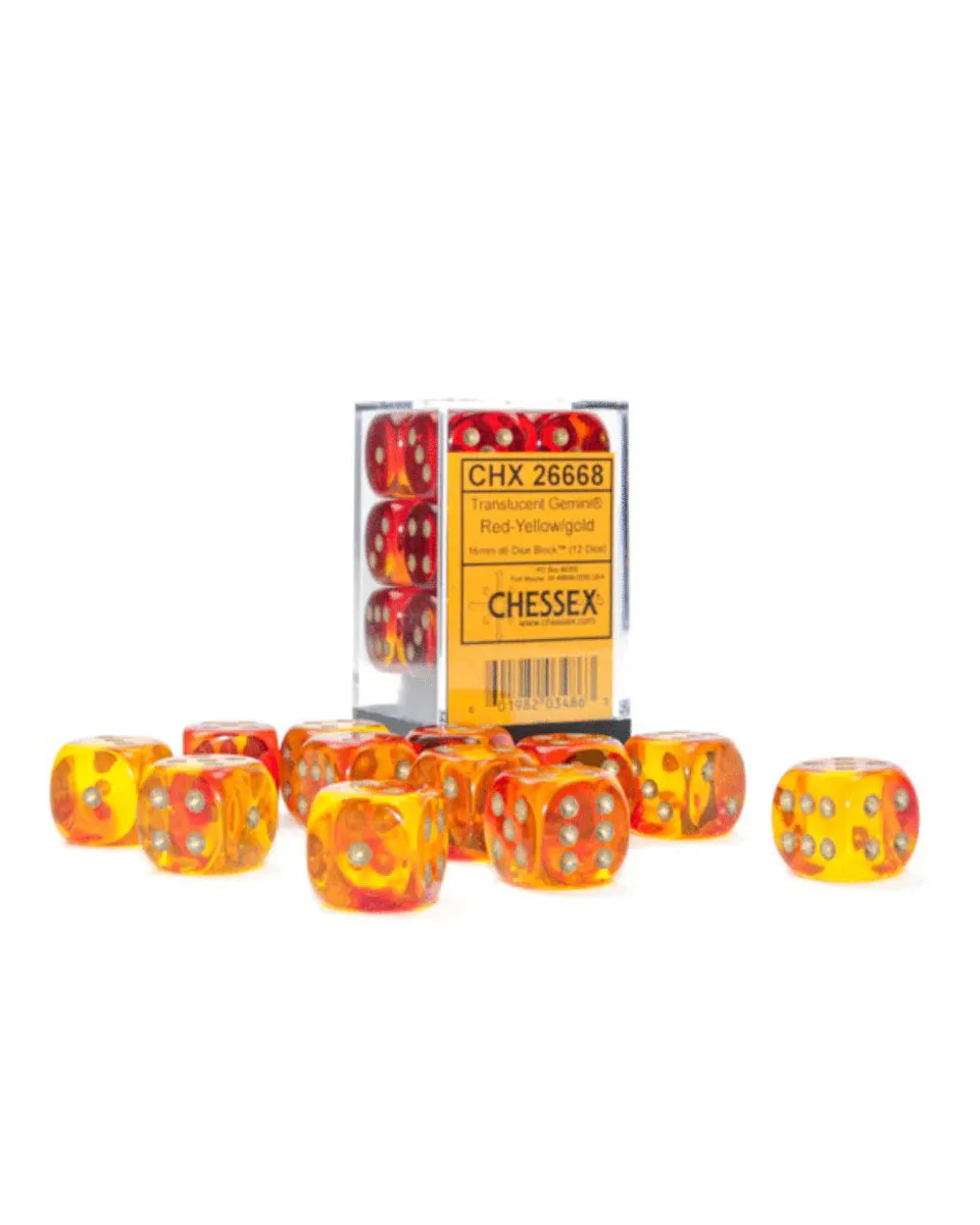 Kockice Chessex - Gemini - Translucent - Red-Yellow & Gold - Dice Block 16mm (12) 