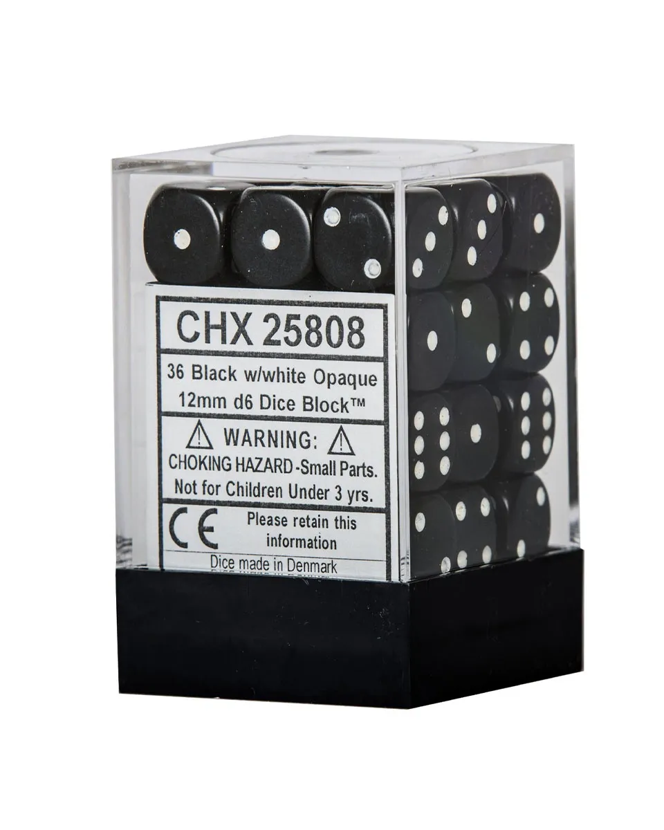 Kockice Chessex - Opaque - Black & White - Dice Block (36) 12mm 
