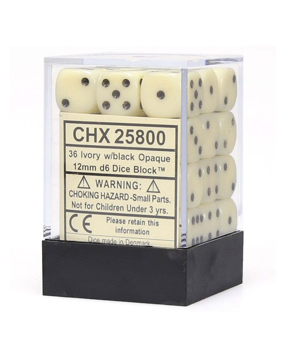 Kockice Chessex - Opaque - Ivory & Black - Dice Block (36) 12mm 
