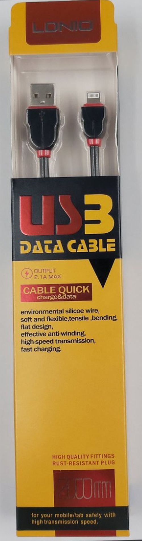 Kabl LDNIO Lightning Apple USB - 2m, Black Flat 