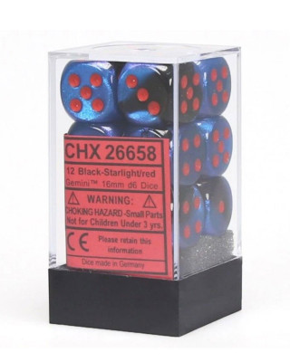 Kockice Chessex - Gemini - Polyhedral - Black Starlight & Red - Dice Block 16mm (12) 