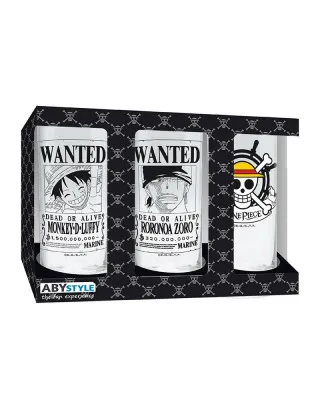 Set od 3 čaše AbyStyle - One Piece - Wanted - Luffy, Zoro and Skull 