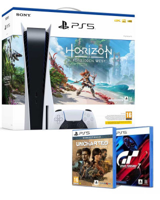 Konzola PlayStation 5 - 825GB + PS5 Horizon Forbidden West + P55 Gran Turismo 7 + PS5 Uncharted Legacy of Thieves Collection 