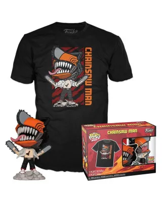 Set Bobble Figure Anime - Chainsaw Man POP! - Tee Box Chainsaw Man Leaping & T-Shirt L 