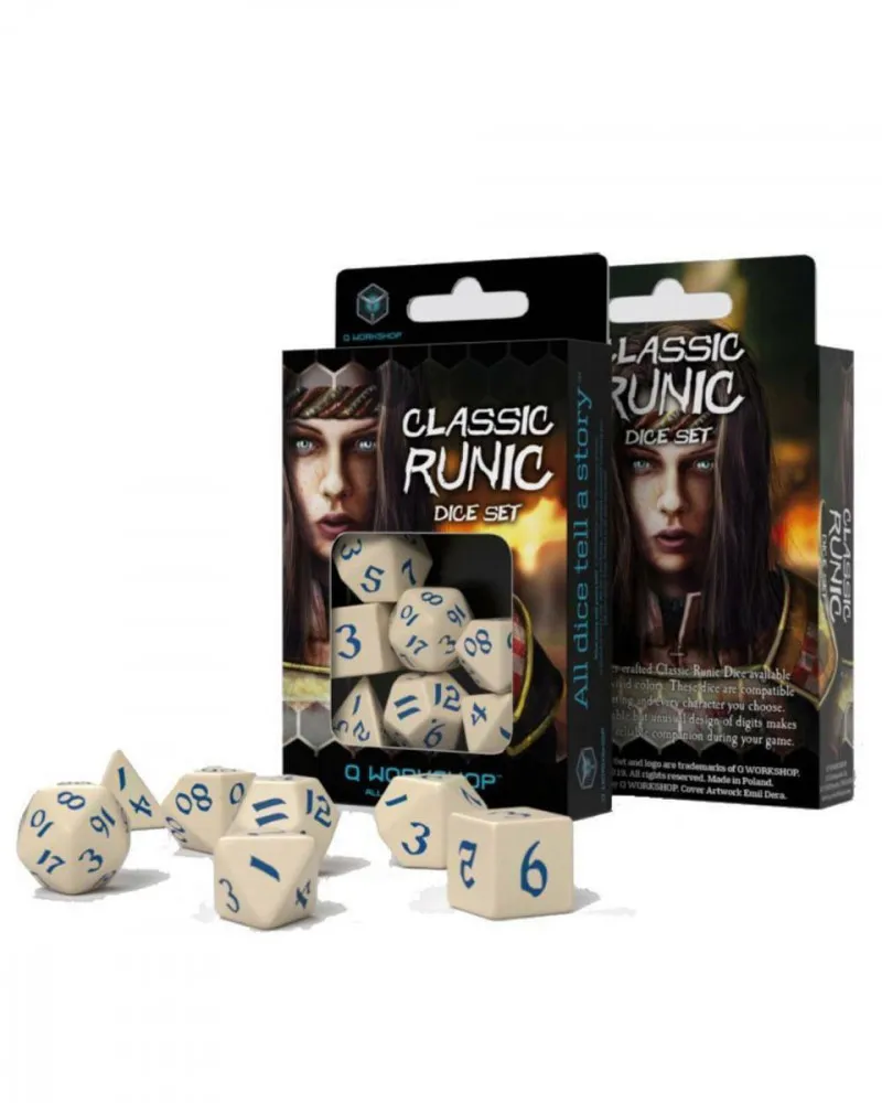 Kockice Q Workshop - Classic Runic Beige & Blue - Dice Set (7) 