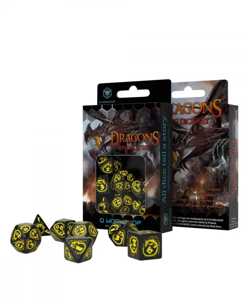 Kockice Q Workshop - Dragons RPG Black & Yellow - Dice Set (7) 