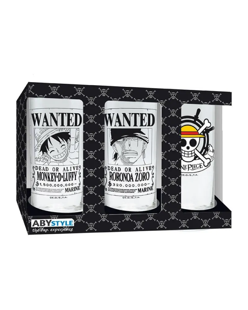 Set od 3 čaše AbyStyle - One Piece - Wanted - Luffy, Zoro and Skull 