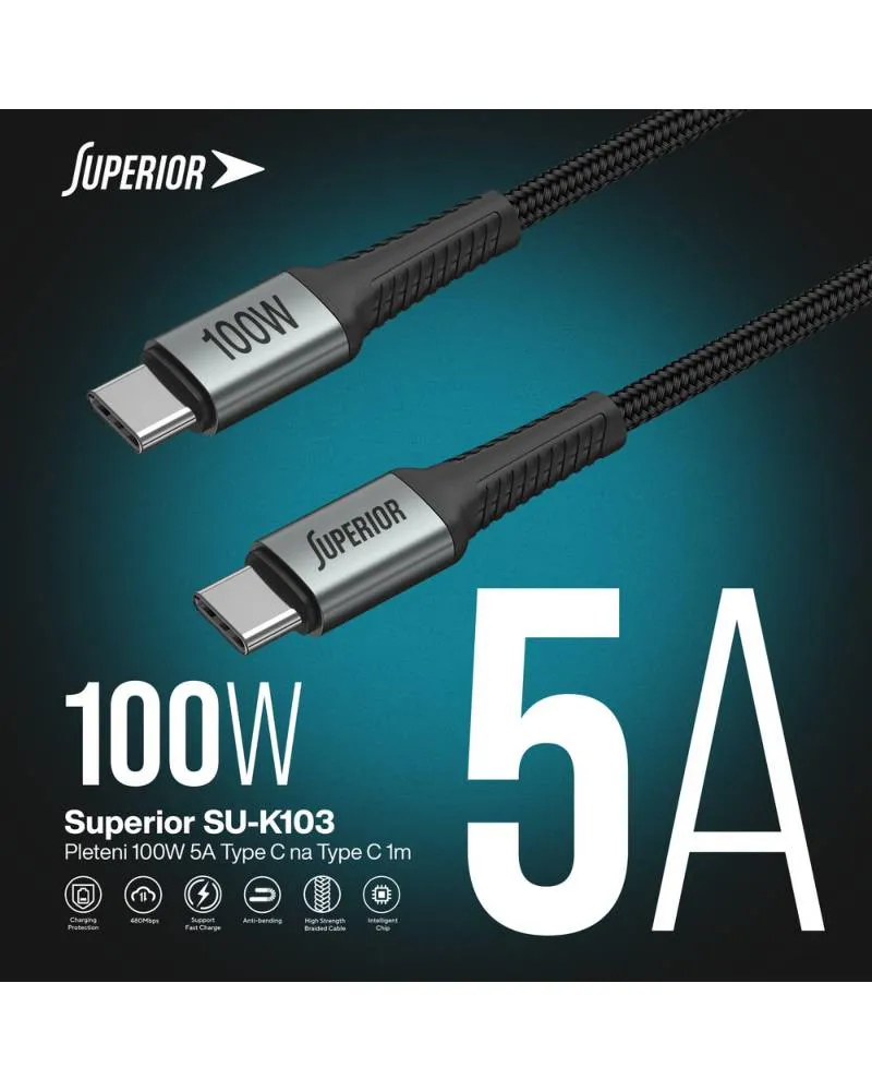 Kabl Superior SU-K103 USB-C 100W - Pleteni 1m - Grey 