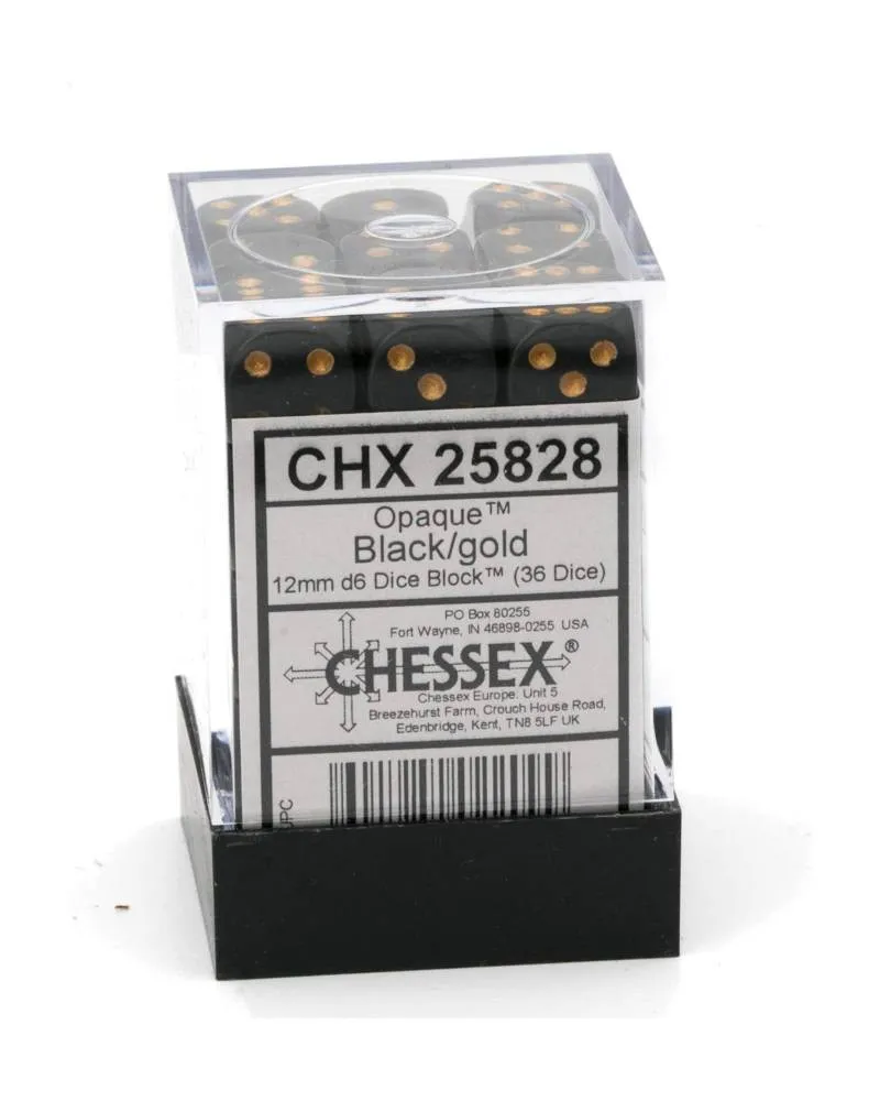 Kockice Chessex - Opaque - Black & Gold - Dice Block (36) 12mm 