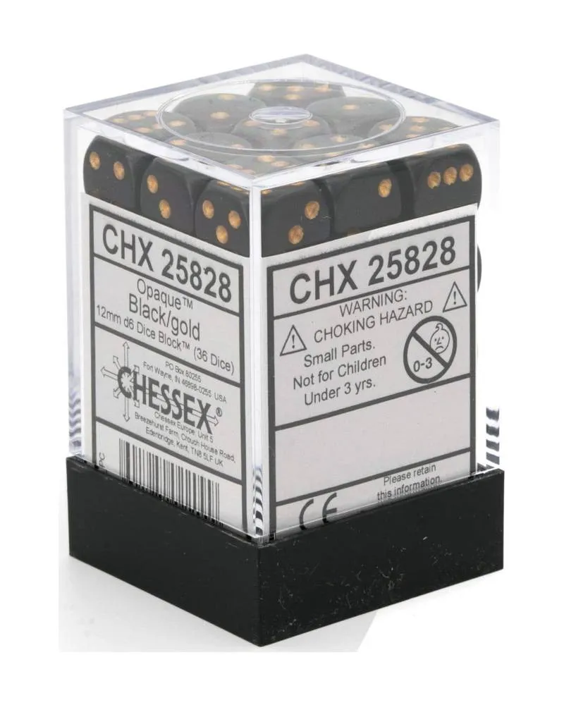 Kockice Chessex - Opaque - Black & Gold - Dice Block (36) 12mm 