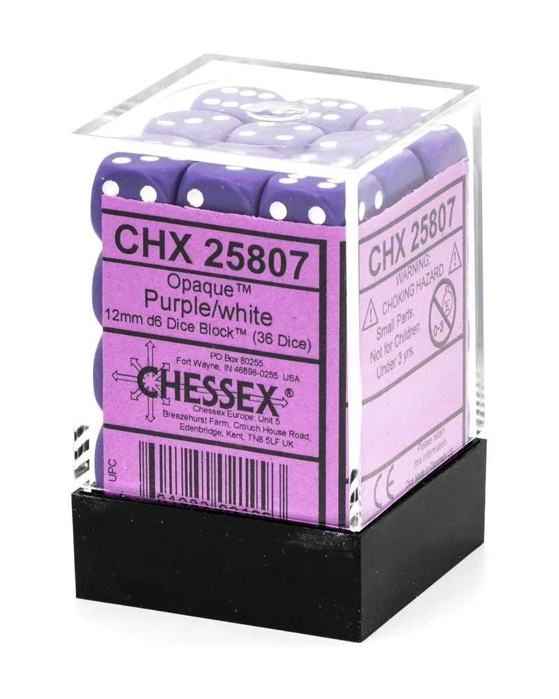 Kockice Chessex - Opaque - Purple & White - Dice Block (36) 12mm 