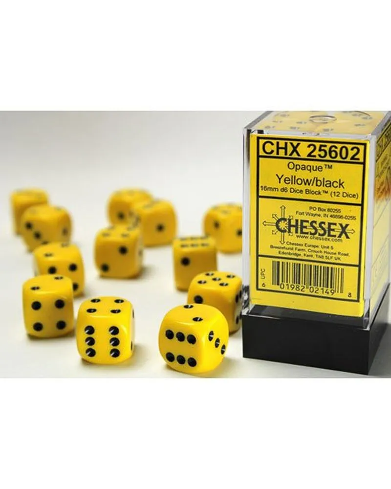 Kockice Chessex - Opaque - Yellow & Black - Dice Block (12) 16mm 