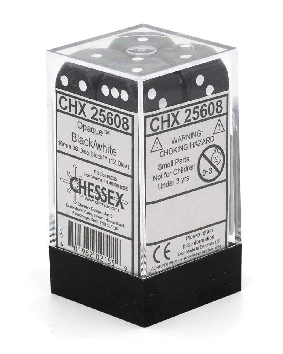 Kockice Chessex - Opaque - Black & White - Dice Block 16mm (12) 