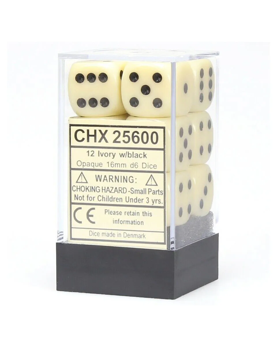 Kockice Chessex - Opaque - Ivory & Black - Dice Block 16mm (12) 