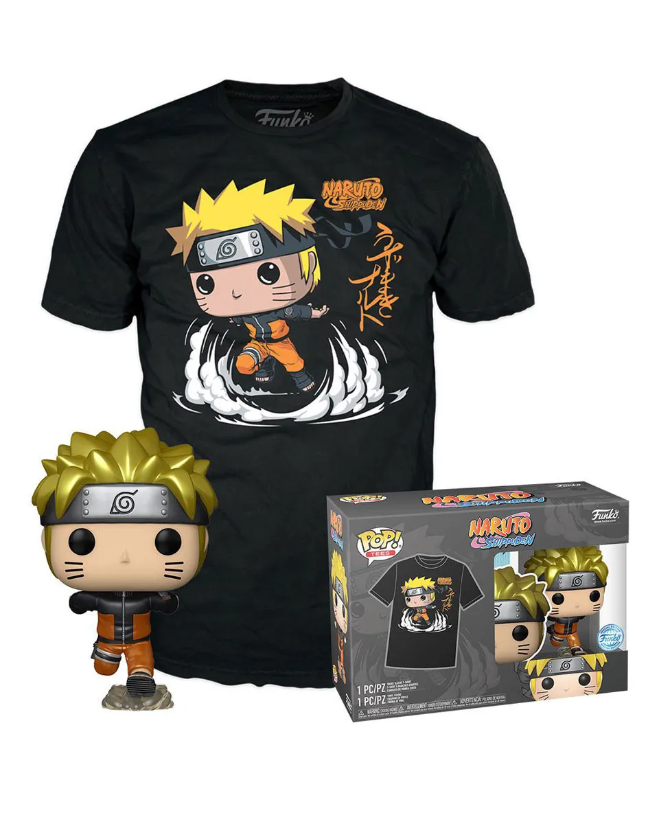 Set Bobble Figure Anime - Naruto Shippuden POP! & Tee - Naruto Running (Metallic) - L 