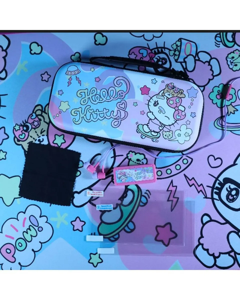 Starter Kit Konix - Hello Kitty - Protective Case, Storage Box, Protective Screen, Cleaning Wipe & In-Ear Headphones 
