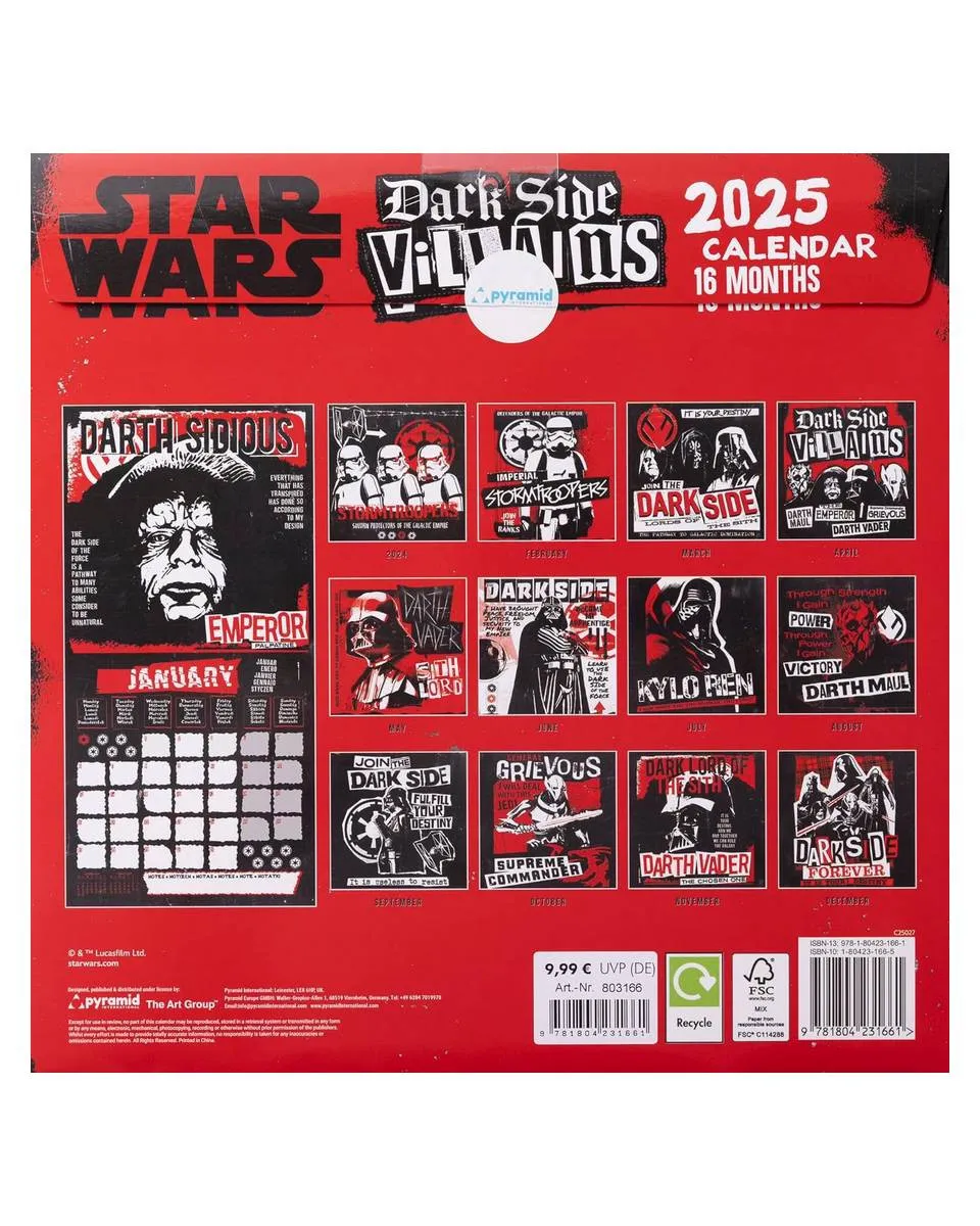 Zidni Kalendar Star Wars Villains - 2025 Square Calendar 30x30cm 