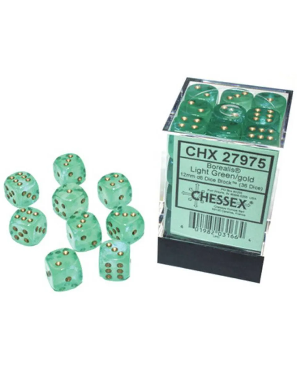Kockice Chessex - Borealis - Luminary - Light Green & Gold - Dice Block (36) 