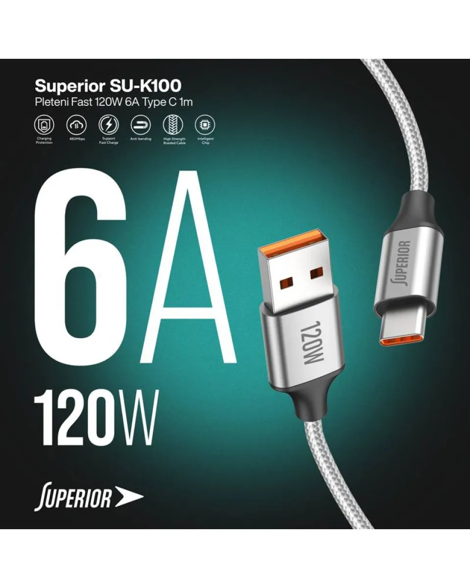 Kabl Superior SU-K100 USB-C 120W - Pleteni 1m - Silver 