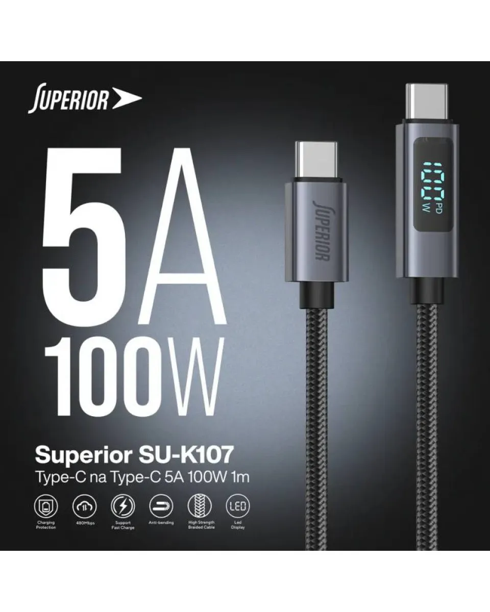 Kabl Superior SU-K107 USB-C 100W - Pleteni 1m - Black 