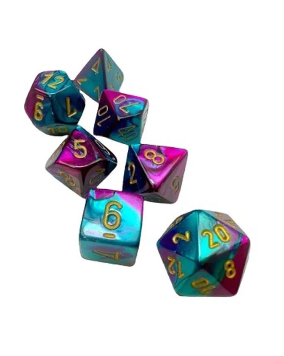 Kockice Chessex - Gemini - Polyhedral Mini - Purple-Teal & Gold (7) 