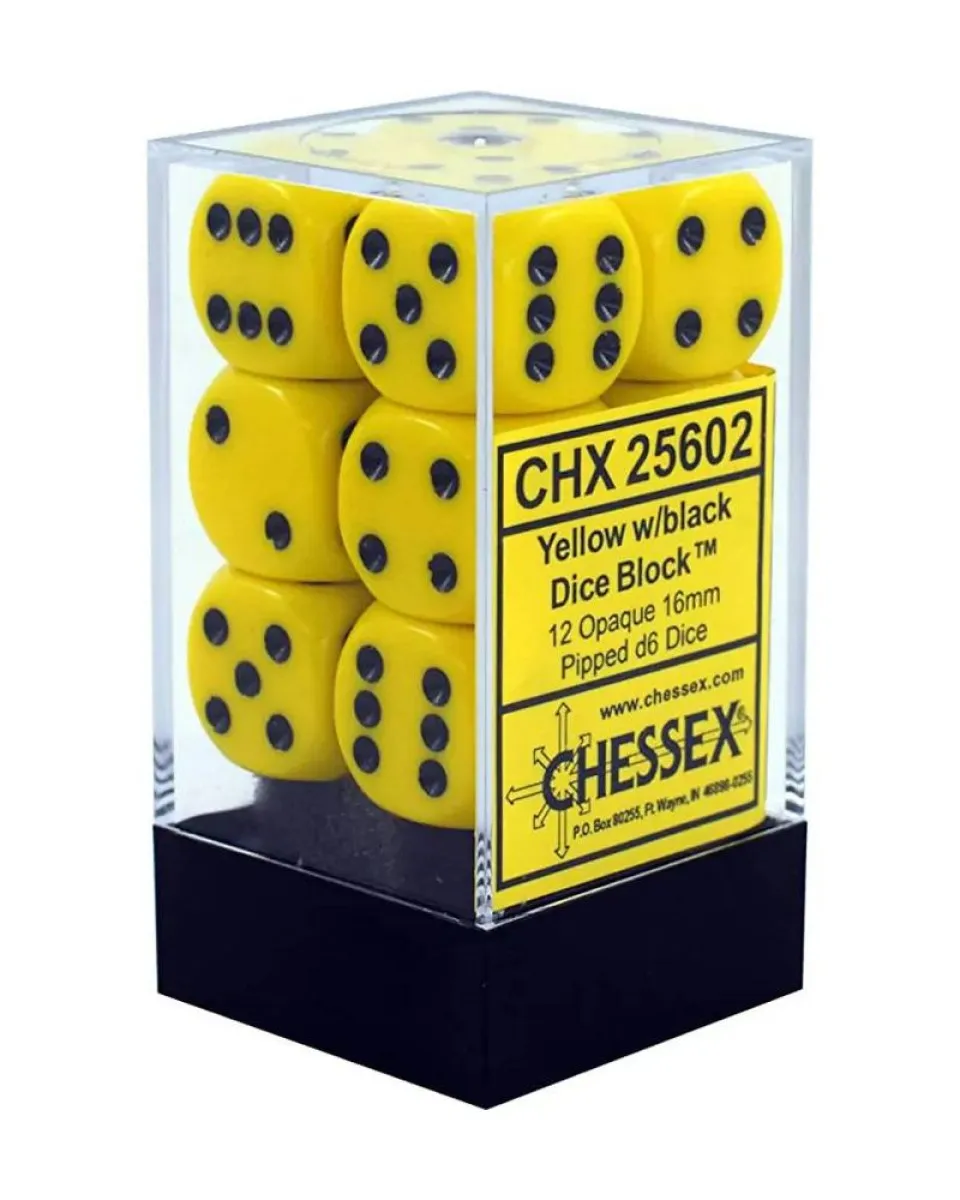Kockice Chessex - Opaque - Yellow & Black - Dice Block (12) 16mm 