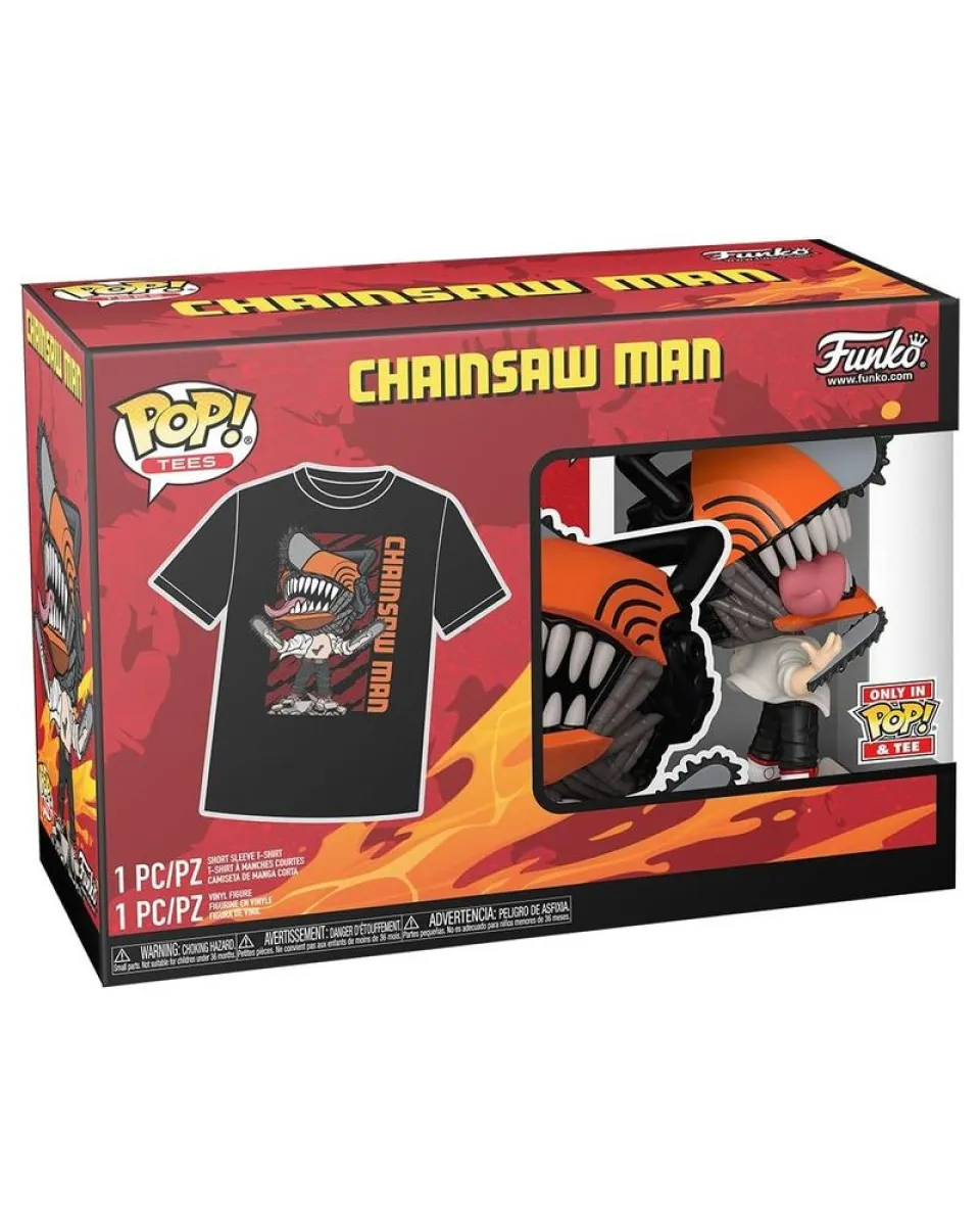 Set Bobble Figure Anime - Chainsaw Man POP! - Tee Box Chainsaw Man Leaping & T-Shirt L 