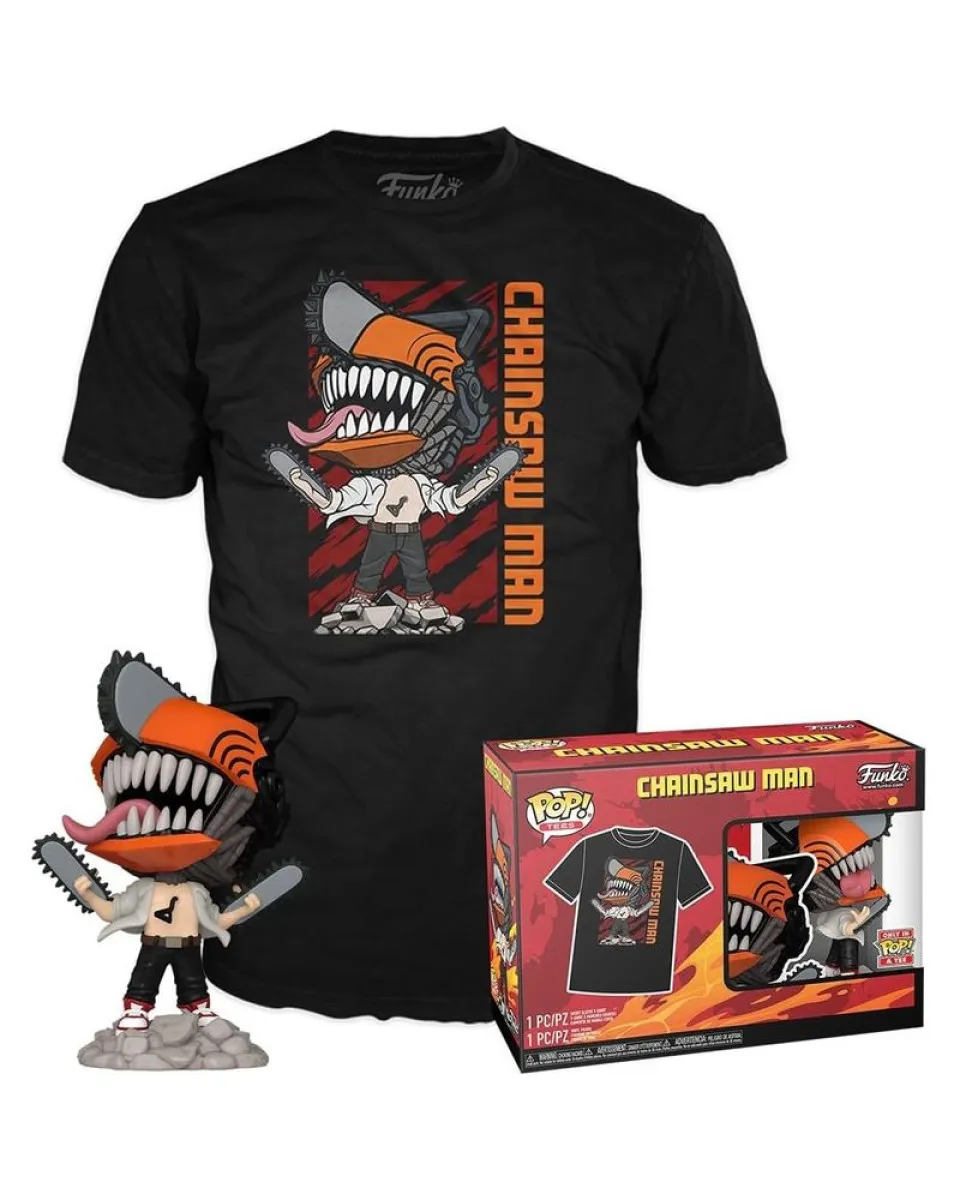Set Bobble Figure Anime - Chainsaw Man POP! - Tee Box Chainsaw Man Leaping & T-Shirt XL 